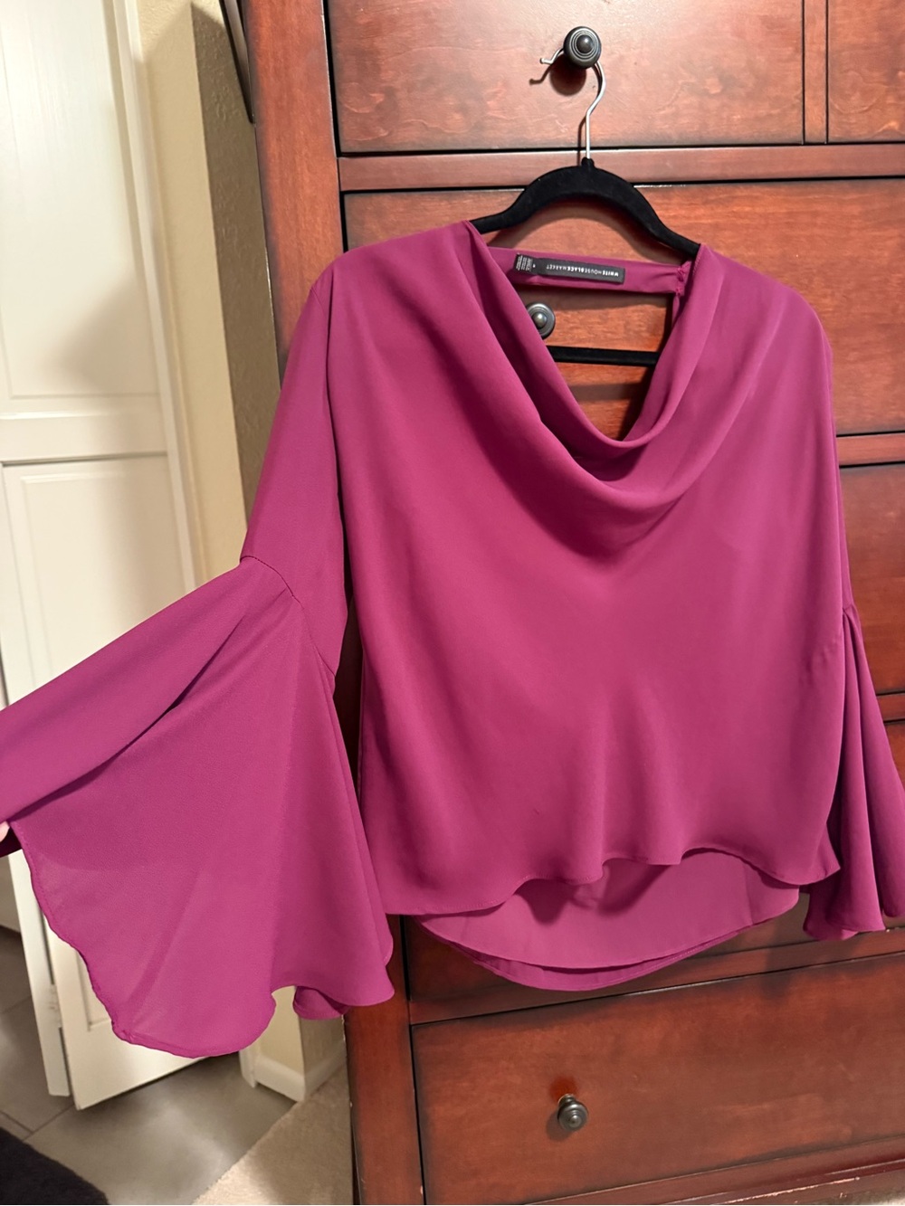 White House Black Market Magenta Draped Cowl Bell Sleeve Blouse